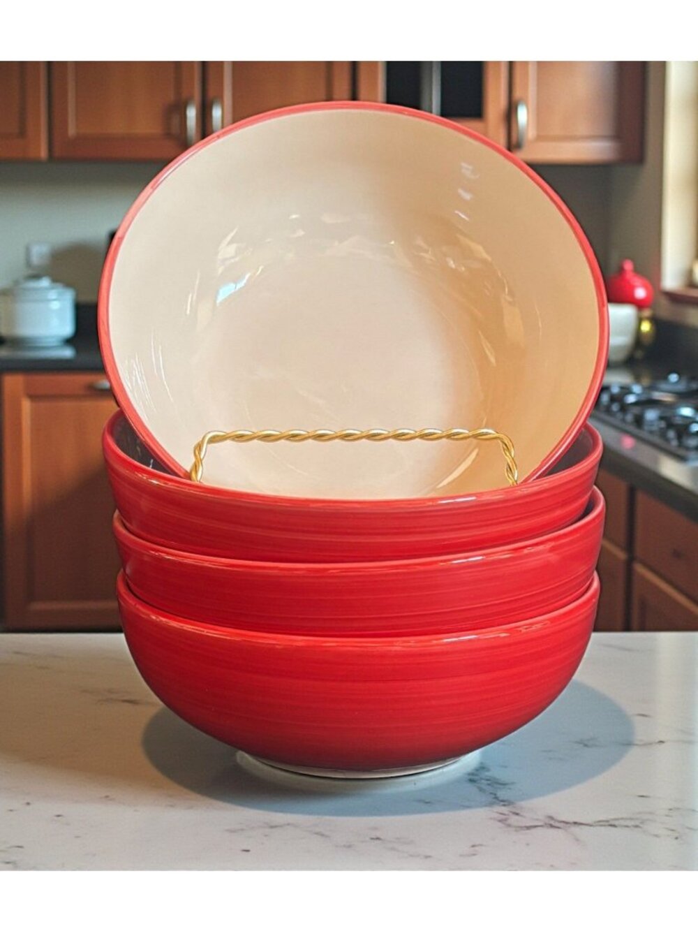 TodaysHome Red Swirl And Cream Ceramic Bowls Vintage 90s Set Of 4